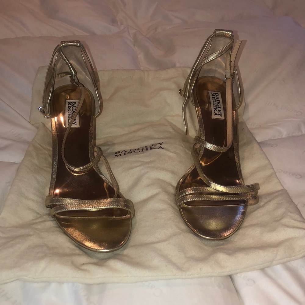 Badgley Mischka gold strappy wedges